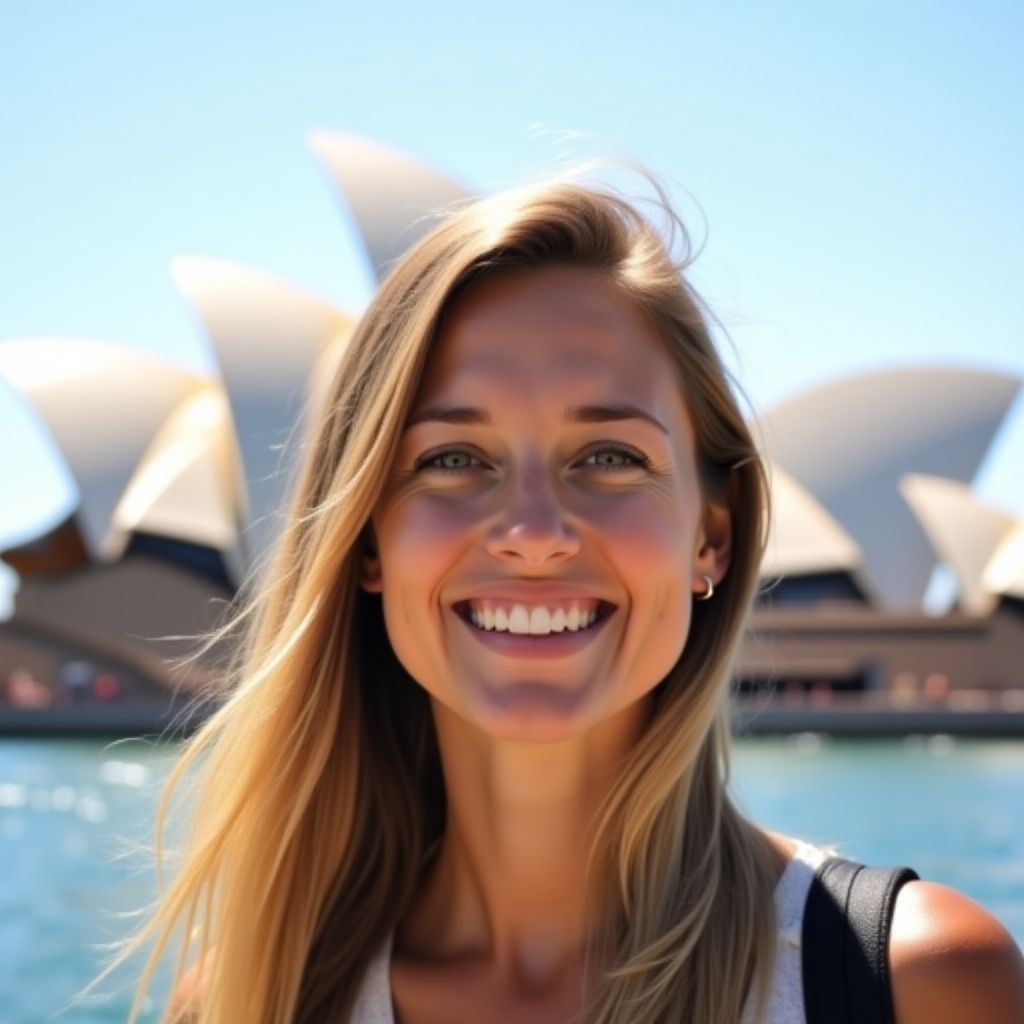 Sarah Jenkins smiling in front of Sydney Opera House